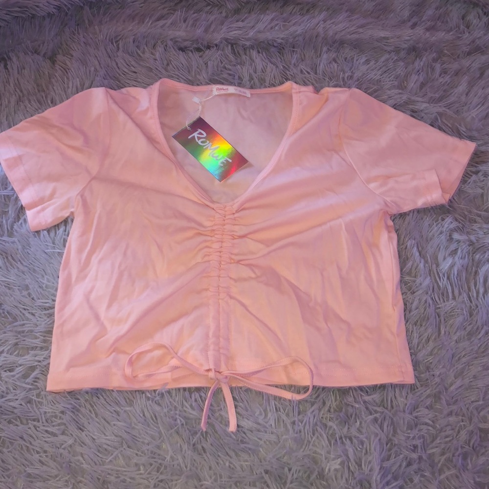 Ribbed Drawstring Crop Pink Tee